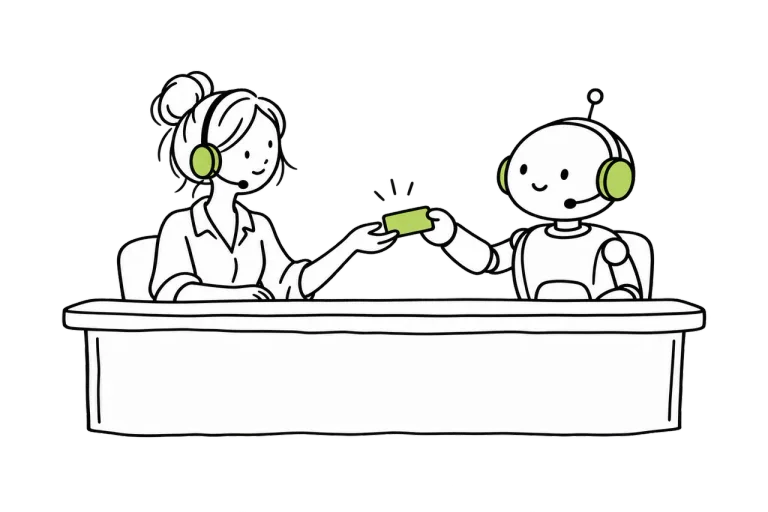 A receptionist and a robot assistant, both wearing headsets, sharing a reception desk
