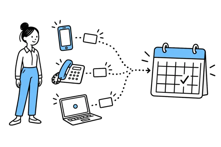 A phone, desk telephone and laptop sending appointment cards into one shared calendar