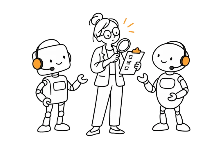 A hospital administrator with a magnifying glass and checklist comparing two robot receptionists