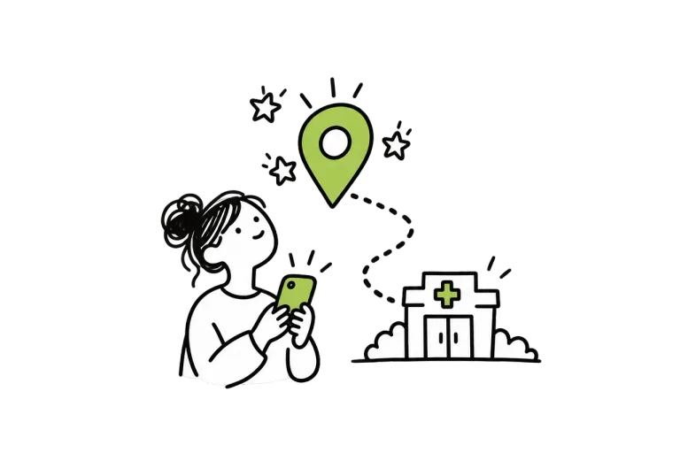 A patient looking at a map pin with stars that leads to a nearby clinic