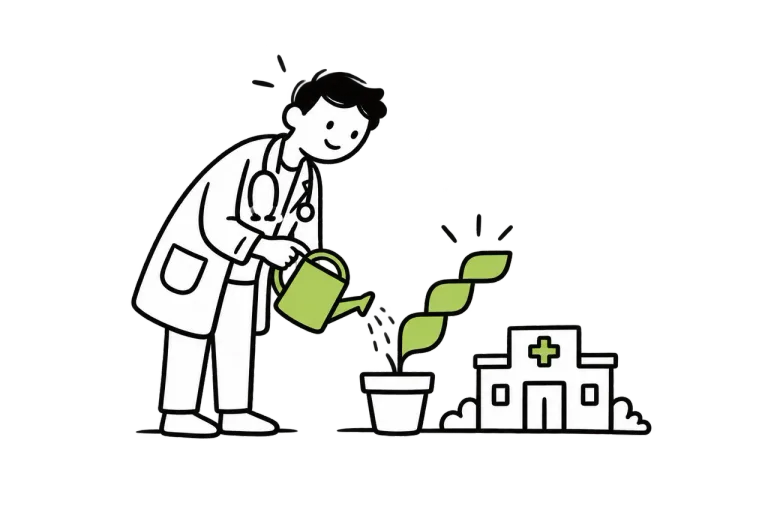 A doctor watering a plant shaped like rising steps beside a small clinic