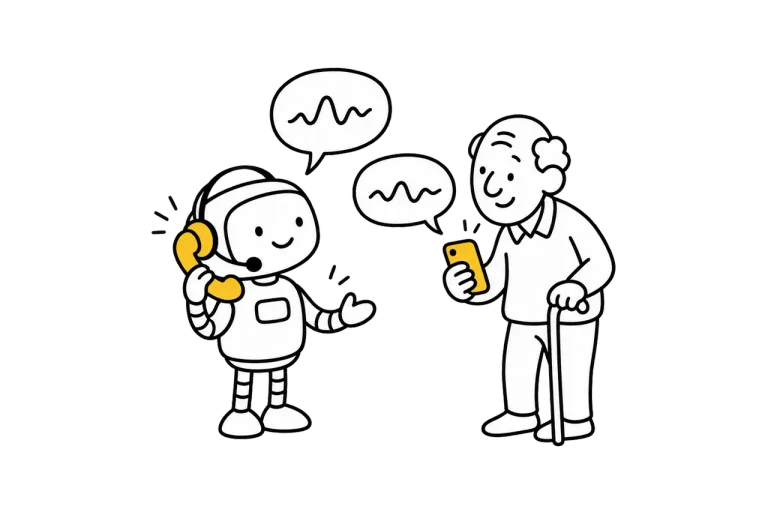 A small robot receptionist with a headset talking on the phone with an elderly man holding a walking stick