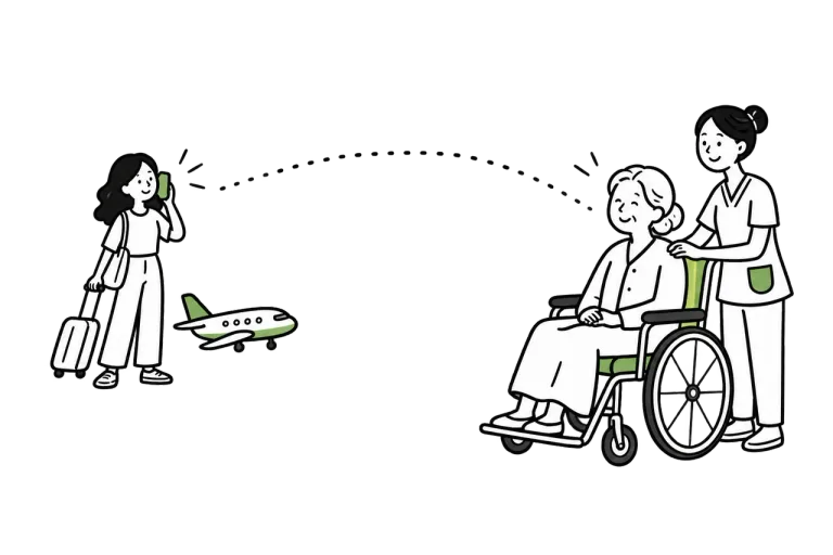 A woman beside a small aeroplane talks on the phone, connected by a dotted line to her mother in a hospital wheelchair with a nurse