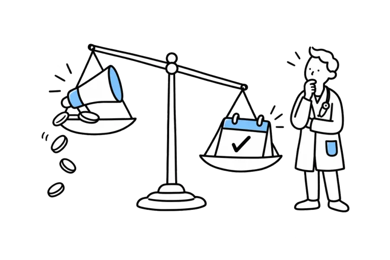 A clinician weighing a megaphone and coins against a calendar with a checkmark