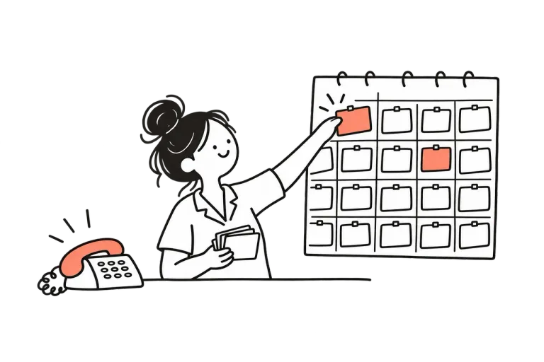 A receptionist adding an appointment card to a nearly full wall calendar