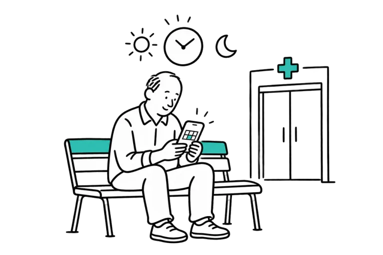 A man on a bench outside a hospital checks a calendar on his phone, with morning and evening icons above