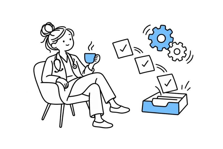 A clinician drinking tea while checked task cards drop into a tray