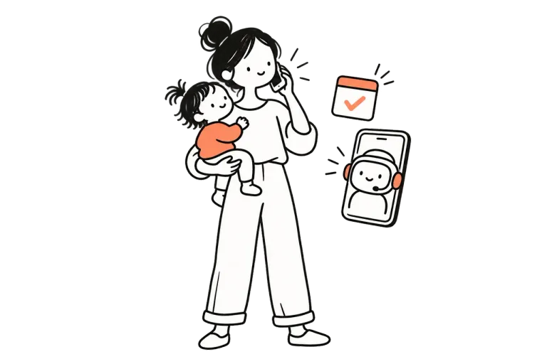 A young woman carrying a toddler talks on the phone while a small robot receptionist appears on a phone screen beside her