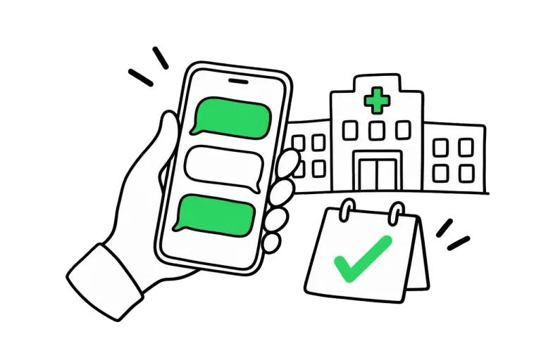 A hand holding a phone with chat bubbles and a calendar tick in front of a hospital building